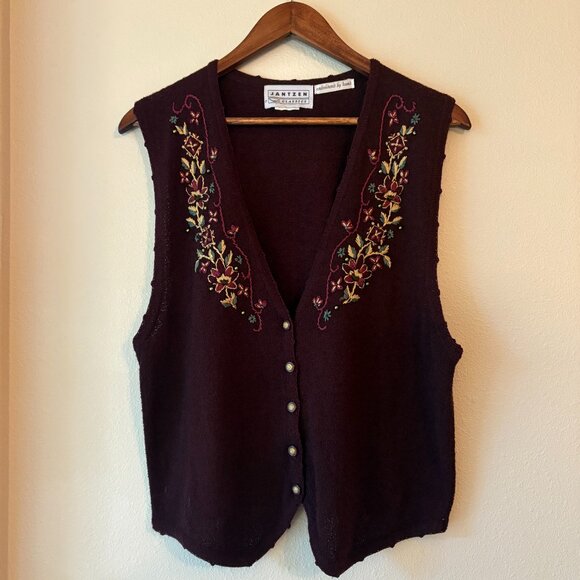 VTG Hand Embroidered Jantzen Floral Sweater Vest Cottagecore Grannycore M Fall - Picture 3 of 7